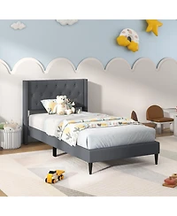 Sugift Twin Size Upholstered Platform Bed with Button Tufted Wingback Headboard-Blue