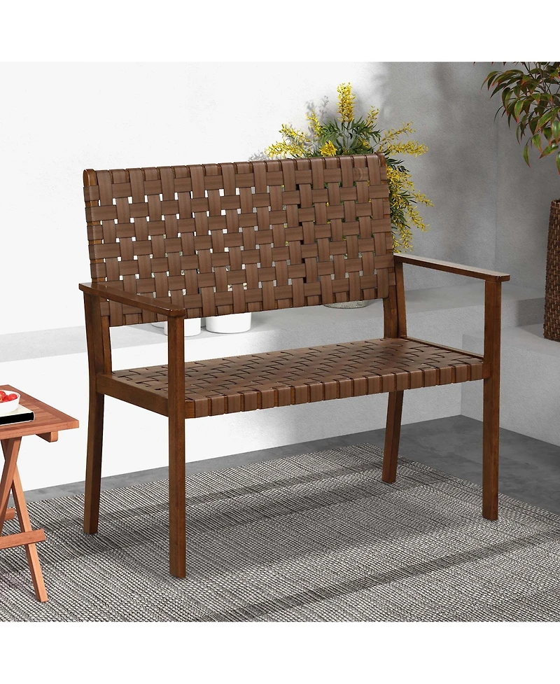 Patio Loveseat All Weather Bench with Solid Rubber Wood Frame&Hand Woven Pu Leather