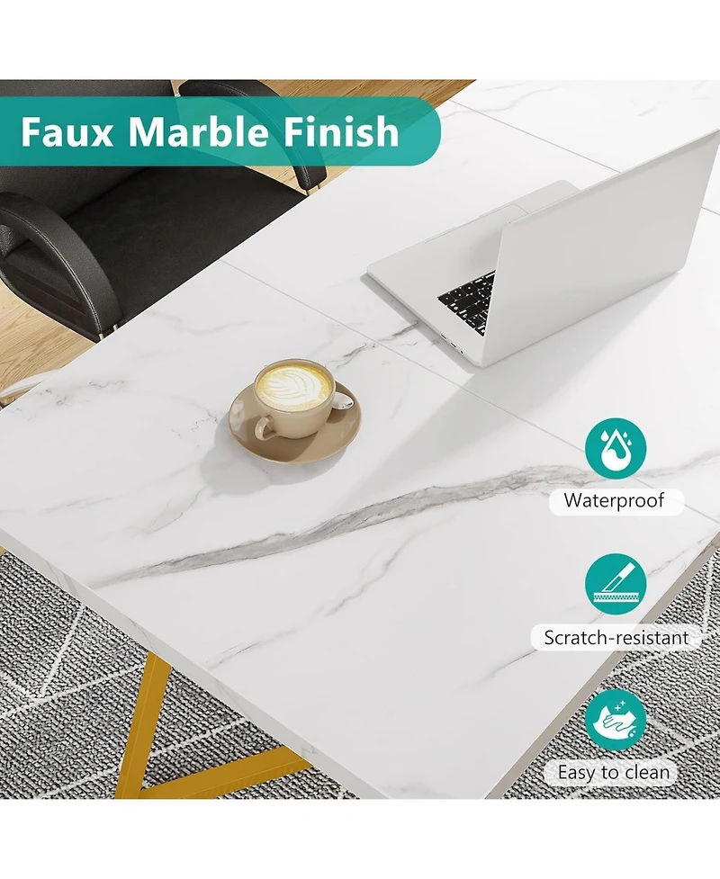 Tribesigns Modern Gold Computer Desk: 55 Inches White and Gold Home Office Desk with Metal Legs, Faux Marble Study Writing Table for Small Spaces, Sim