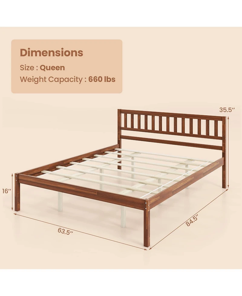 Queen Wood Bed Frame with Headboard and Slat Support-Queen