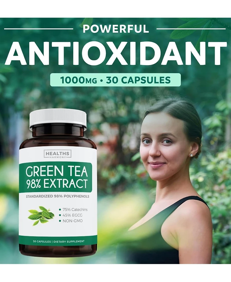 Green Tea Extract Capsules, Natural Metabolism Boost - Leaf Polyphenol Catechins - Antioxidant Supplement, Health's Harmony, 60ct