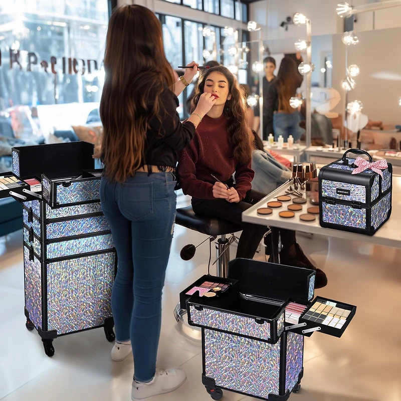 Byootique Rolling Makeup Train Case 3-Piece Cosmetic Organizer Kit Trolley Organizer Travel Case Lockable Salon Barber Case Traveling Cart Trunk with