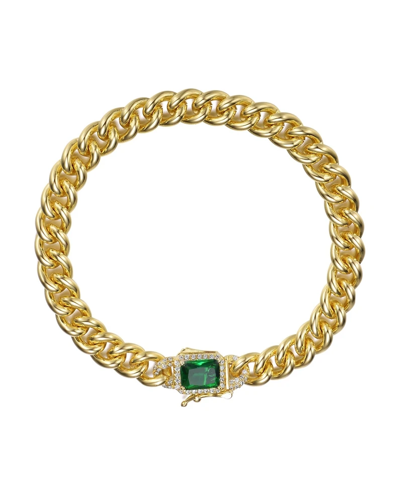 14k Gold Plated with Colored Cubic Zirconia Halo Cluster Curb Chain Bracelet