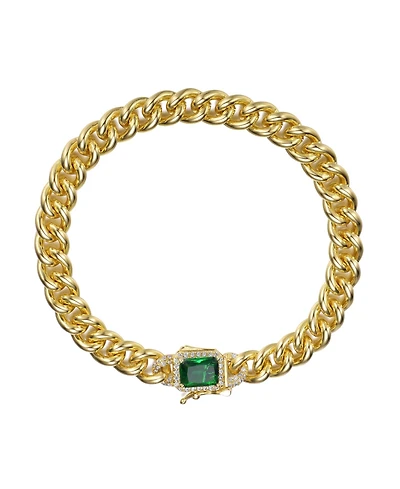 14k Gold Plated with Colored Cubic Zirconia Halo Cluster Curb Chain Bracelet