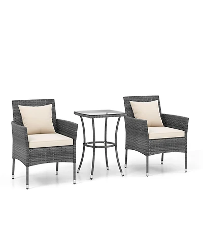 3 Pieces Patio Furniture Set with Cushioned Patio Chairs and Tempered Glass Coffee Table-White