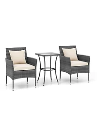3 Pieces Patio Furniture Set with Cushioned Patio Chairs and Tempered Glass Coffee Table-White