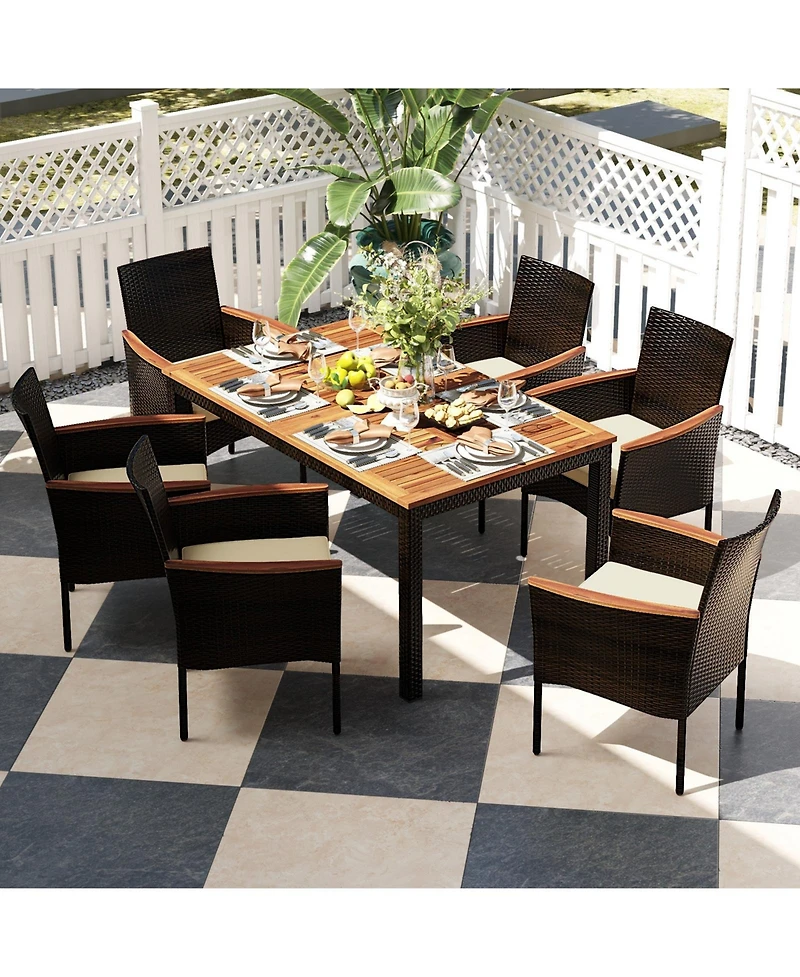 7 Pieces Rattan Patio Dining Set with Stackable Chairs and Umbrella Hole