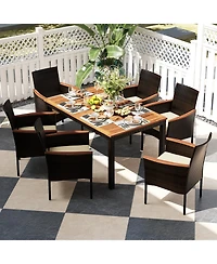 7 Pieces Rattan Patio Dining Set with Stackable Chairs and Umbrella Hole