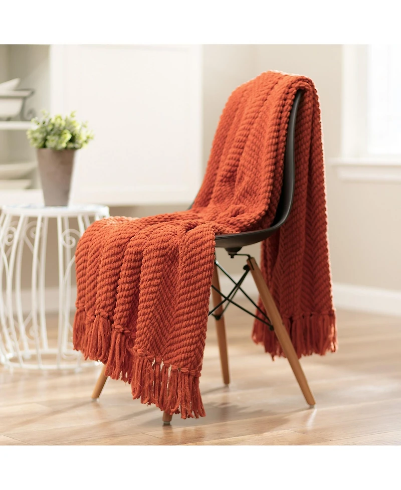 Chanasya Premium Textured Knit Throw Blanket with Tassels - Soft, Cozy for Couch, Bed, Living Room 50" x 65” Orange