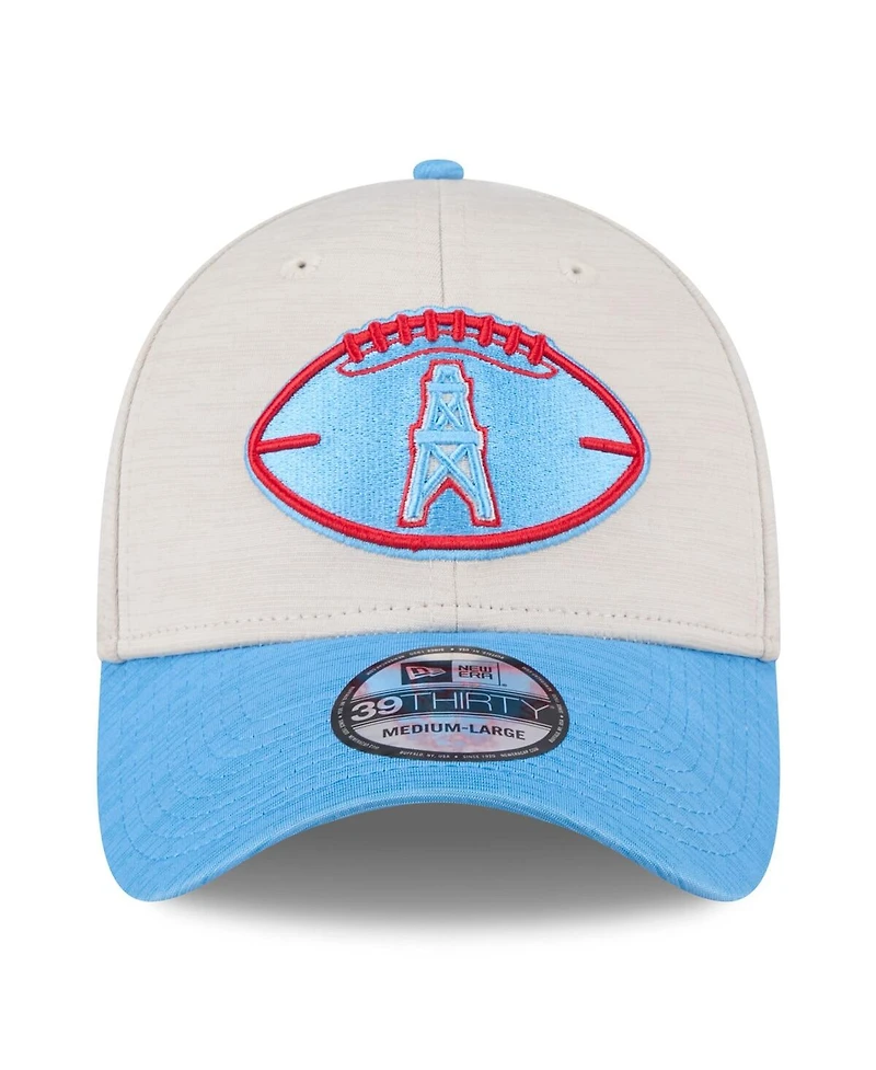 New Era Men's Stone/Light Blue Houston Oilers 2024 Sideline Gridiron Classics 39THIRTY Flex Hat
