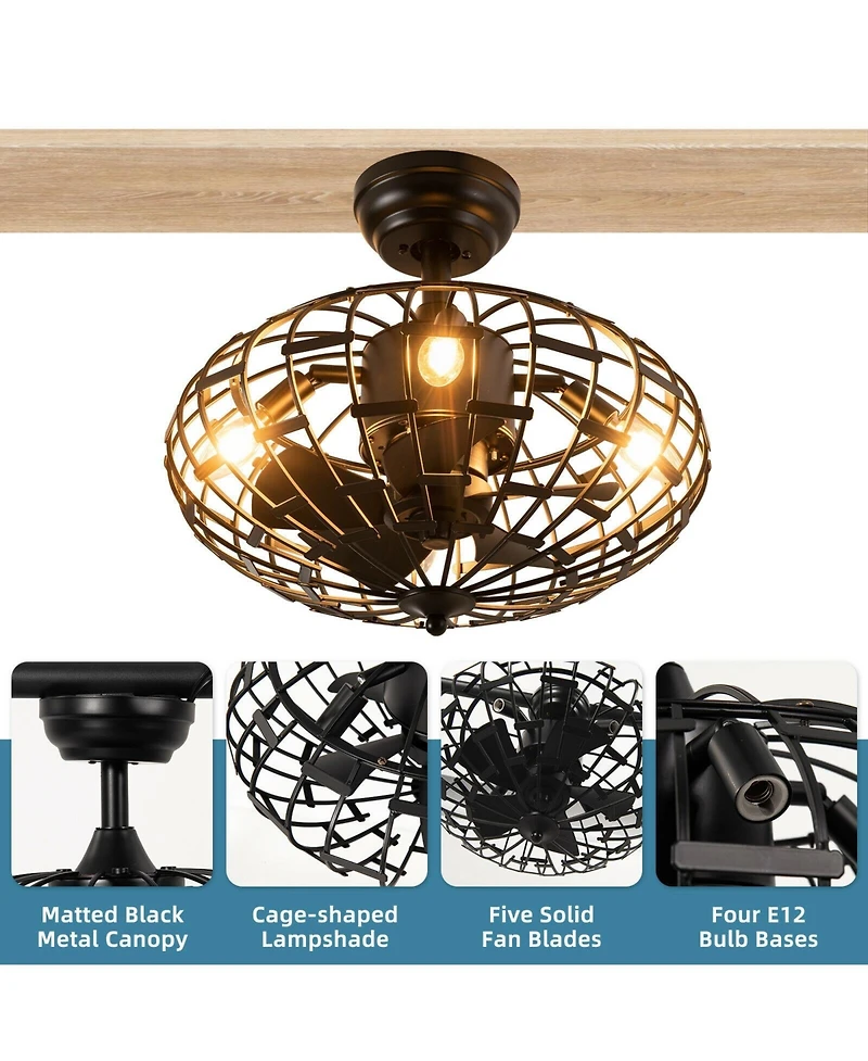 5 Blades Enclosed Ceiling Fan with Light and Remote Control-Black