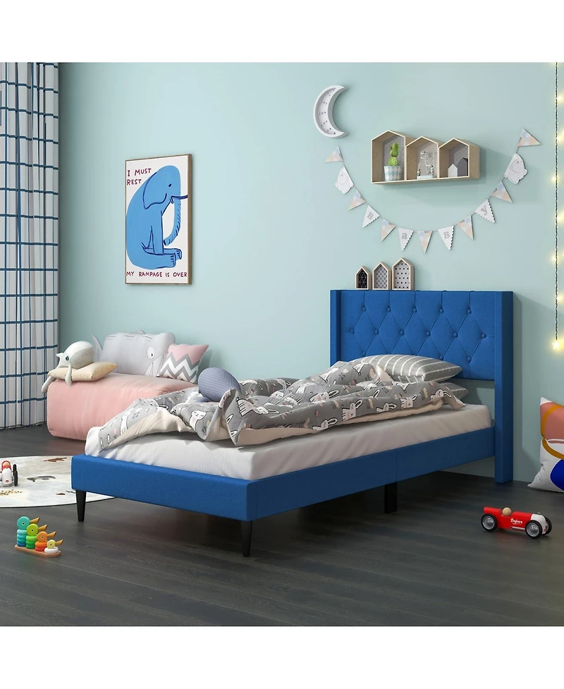 Sugift Twin Upholstered Platform Bed with Button Tufted Wingback Headboard-Blue