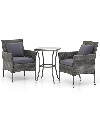 3 Pieces Patio Furniture Set with Cushioned Patio Chairs and Tempered Glass Coffee Table-Gray
