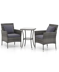 3 Pieces Patio Furniture Set with Cushioned Patio Chairs and Tempered Glass Coffee Table-Gray