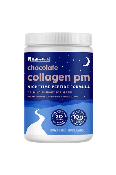 NativePath Collagen Pm - Chocolate Nighttime Collagen Peptides Powder with Magnesium, Gaba, L-Theanine and Melatonin - 20 Servings