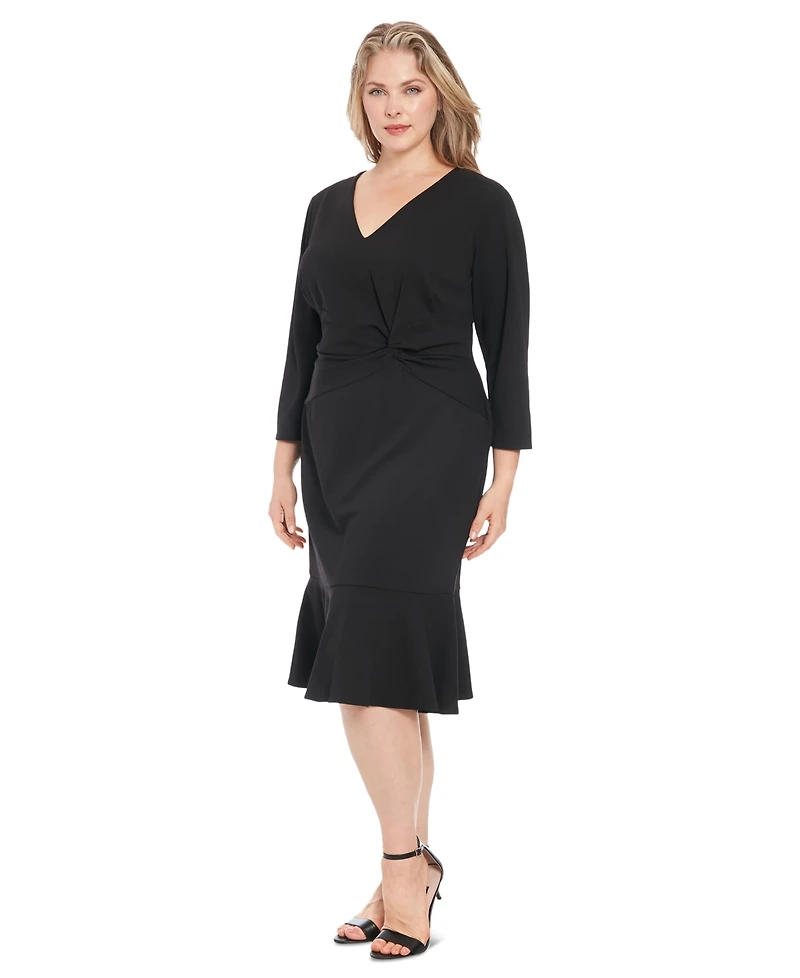 London Times Plus Size Side-Knot 3/4-Sleeve Dress