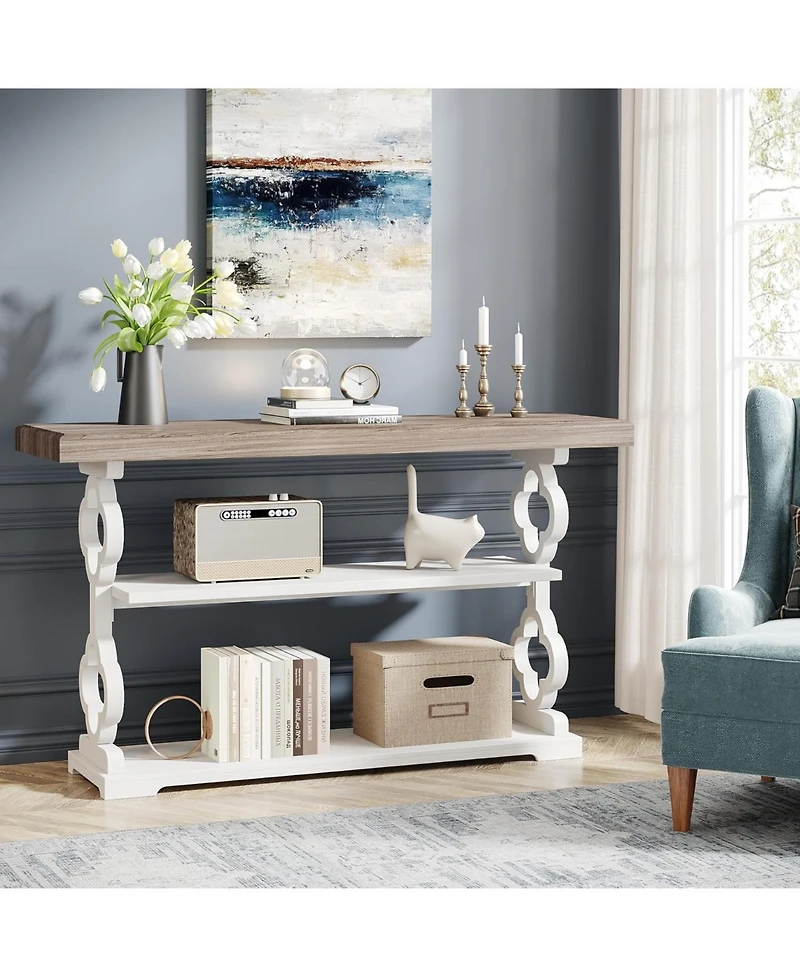Tribesigns Farmhouse Console Table, 55 inch Rustic Entryway Sofa Table with Storage Shelves, 3 Tier Wood Long Accent Entry Table, Grey and White