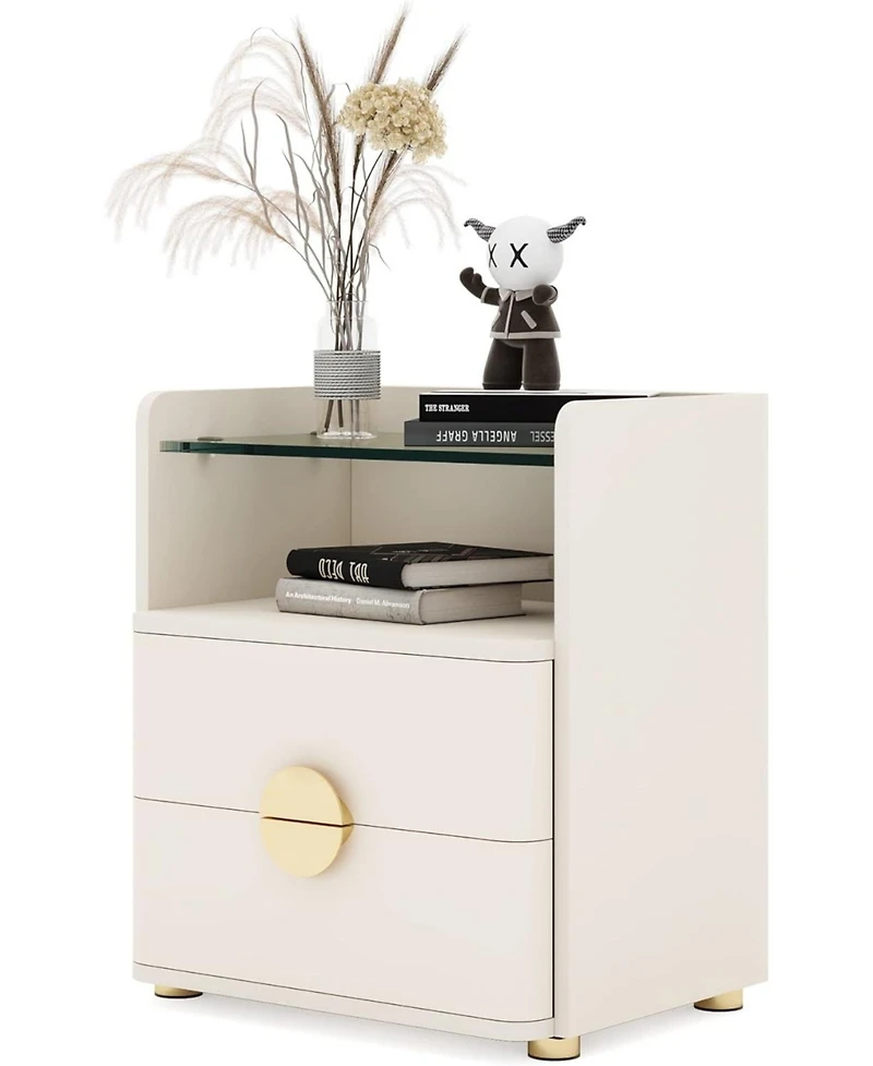 Tribesigns Modern Nightstands Set of 2, 2-Drawer Night Stand with Open Storage Space, Easy Assembly Wood Bed Side Table for Bedroom, Tempered Glasses