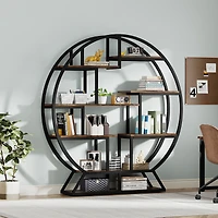 Tribesigns Bookshelf, Round Bookshelves Etagere Bookcase, 63 Inch Industrial Wood Book Shelf with Staggered Shelves, Rustic Open Shelving Organizer Ra