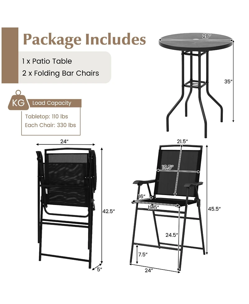 Costway 3 Pcs Outdoor Bar Stool Set with Dpc Tabletop Umbrella Hole & Footrest 2 Chairs