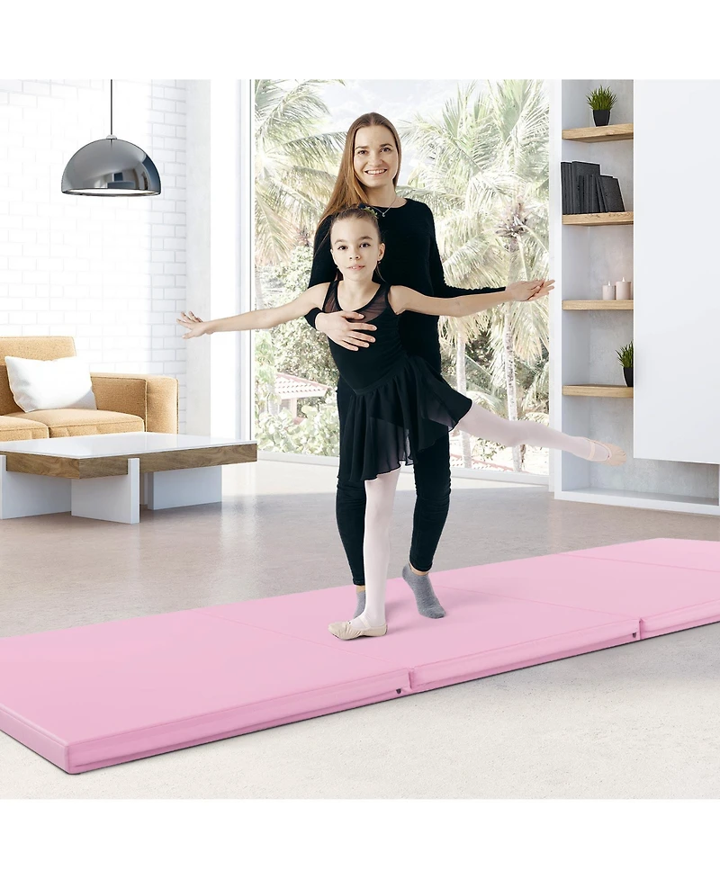 Skonyon 4-Panel Pu Leather Folding Exercise Mat with Carrying Handles-Pink
