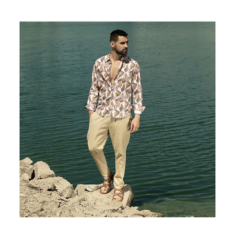 Men's Pale Yellow & Mocha Brown Abstract Block Shirt