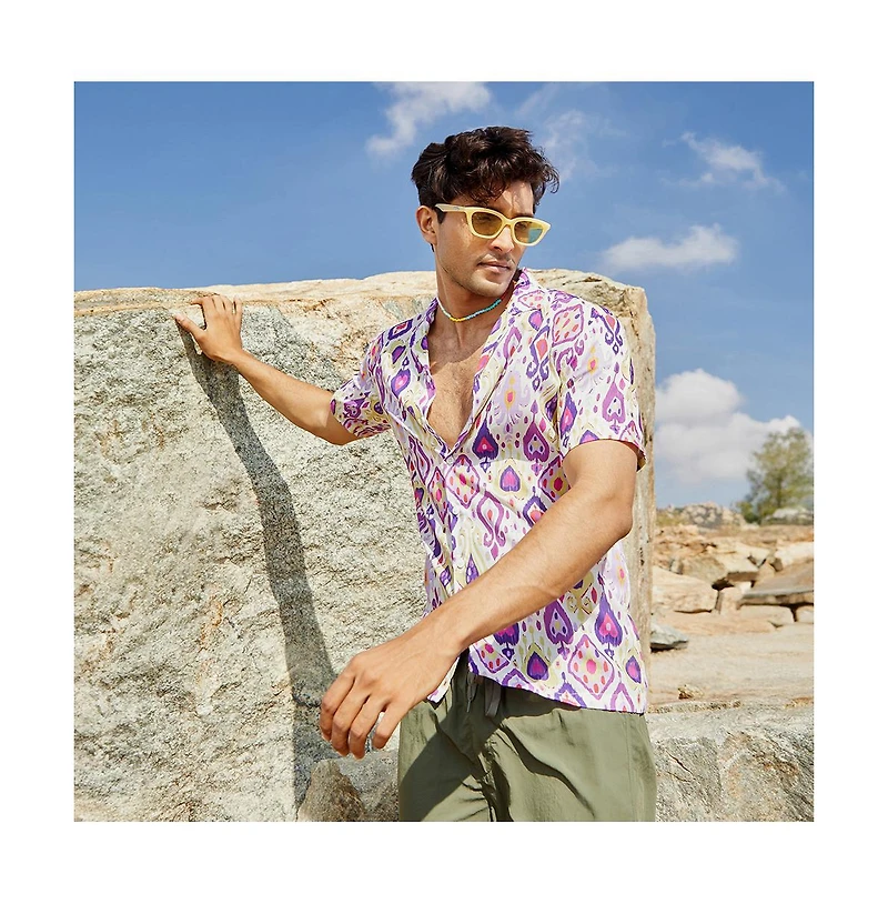 Campus Sutra Men's Lavender & Pear Yellow Ethnic Shirt