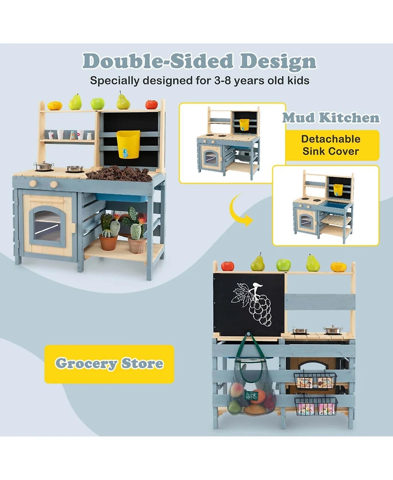 Costway 2-In-1 Outdoor Mud Kitchen with Faucet & Removable Sink Metal Baskets Storage Bag