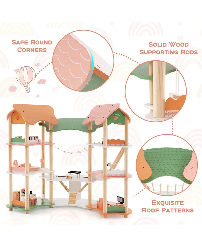 Kids Wooden Dollhouse Aged 3-8 Years Old with 32PCS Realistic Furniture Accessories