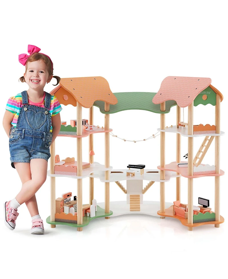 Kids Wooden Dollhouse Aged 3-8 Years Old with 32PCS Realistic Furniture Accessories
