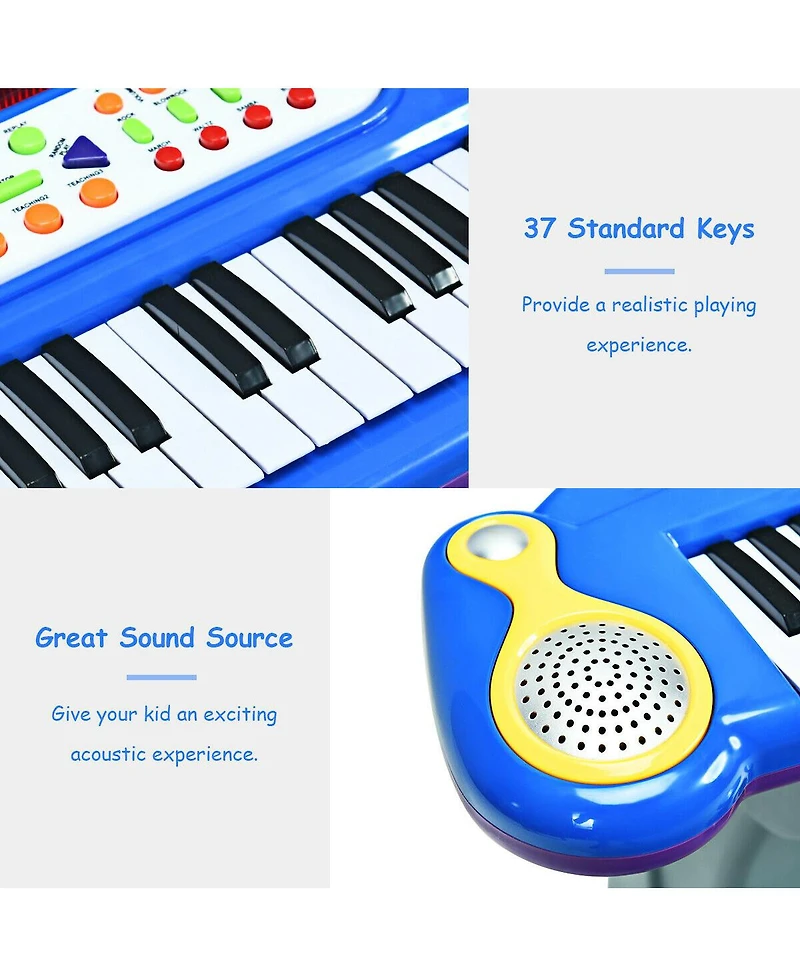 Gymax 37 Key Electronic Keyboard Kids Toy Piano MP3 Input w/ Microphone & Stool Blue