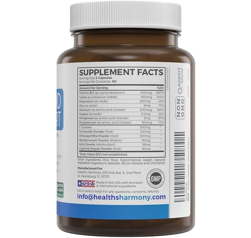Healths Harmony Thyroid Support Capsules, Ashwagandha Root, Zinc, Selenium, Vitamin B12 Complex for Thyroid Health Support, Health's Harmony, 180ct