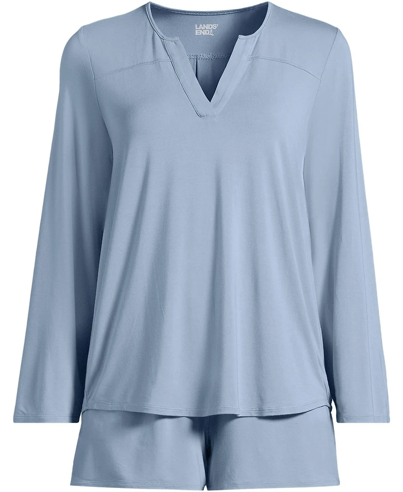 Lands' End Women's Cooling 2 Piece Pajama Set - Long Sleeve Flowy Shirt and Shorts