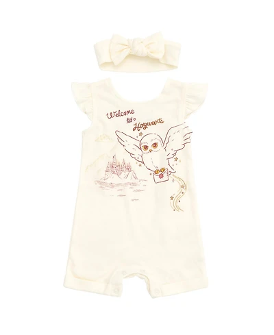 Harry Potter Toddler Girls Hedwig Owl French Terry Romper and Headband Newborn to