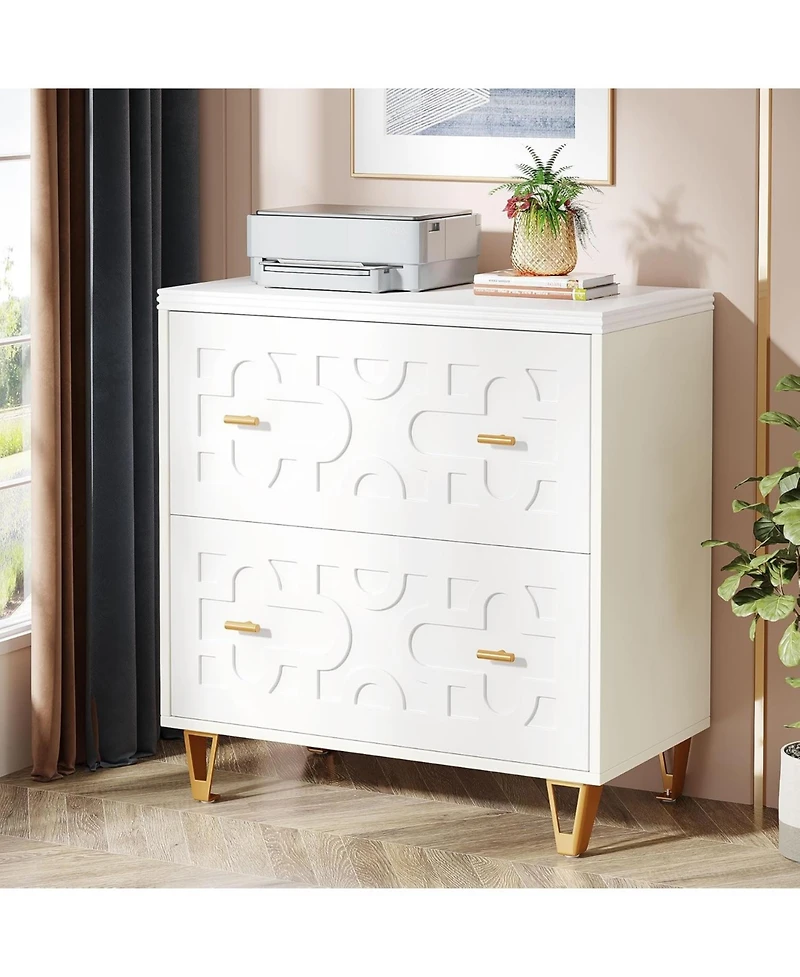 Tribesigns 2-Drawer Lateral File Cabinet, Modern White Filing Cabinet, Large Storage Filing Cabinet Printer Stand for Home Office, White and Gold