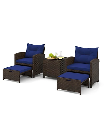 5 Piece Patio Rattan Furniture with 2 Ottomans & Tempered Glass Coffee Table