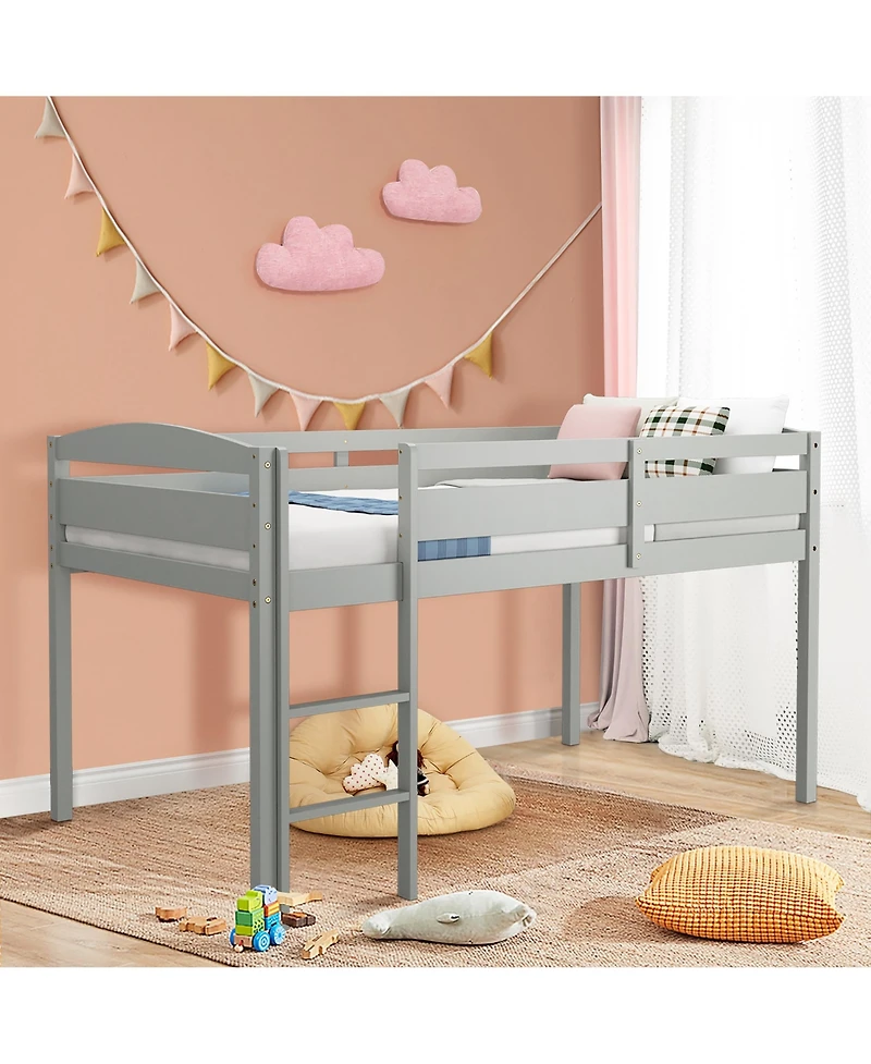 Gymax Twin Loft Bed Wooden Slats Support Frame w/ Ladder & Guardrails Espresso
