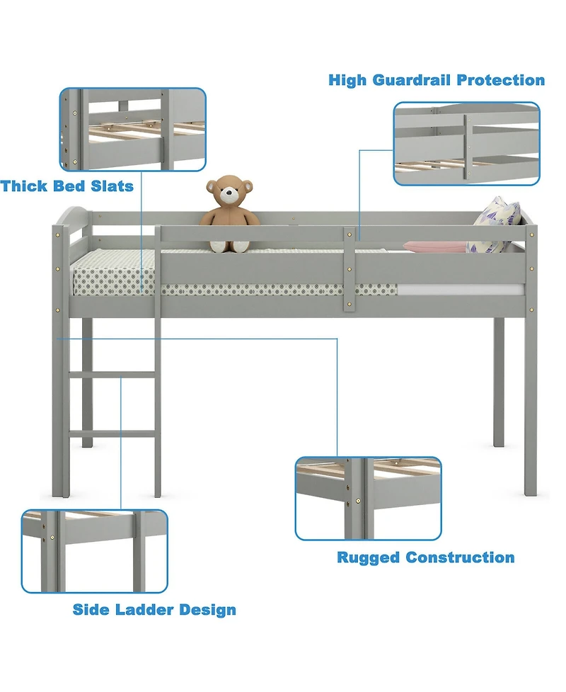 Gymax Twin Loft Bed Wooden Slats Support Frame w/ Ladder & Guardrails Espresso
