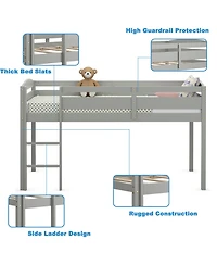 Gymax Twin Loft Bed Wooden Slats Support Frame w/ Ladder & Guardrails Espresso