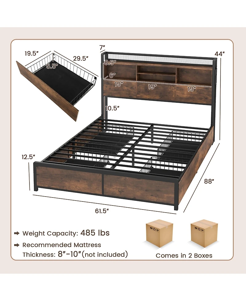 Gymax Queen Size Bed Frame w/ Bookcase Headboard & 4 Storage Drawers Vintage Brown