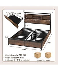 Gymax Queen Size Bed Frame w/ Bookcase Headboard & 4 Storage Drawers Vintage Brown