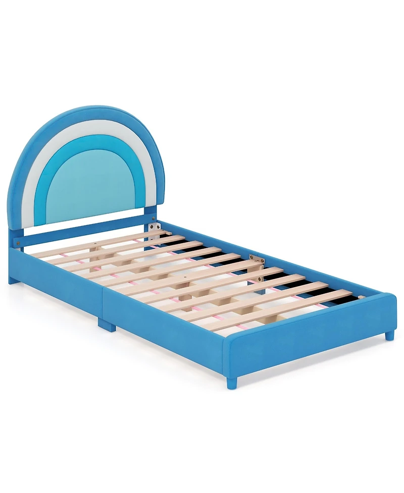 Gymax Kids Twin Platform Bed Frame Upholstered w/ Wooden Slats Support Blue