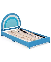 Gymax Kids Twin Platform Bed Frame Upholstered w/ Wooden Slats Support Blue