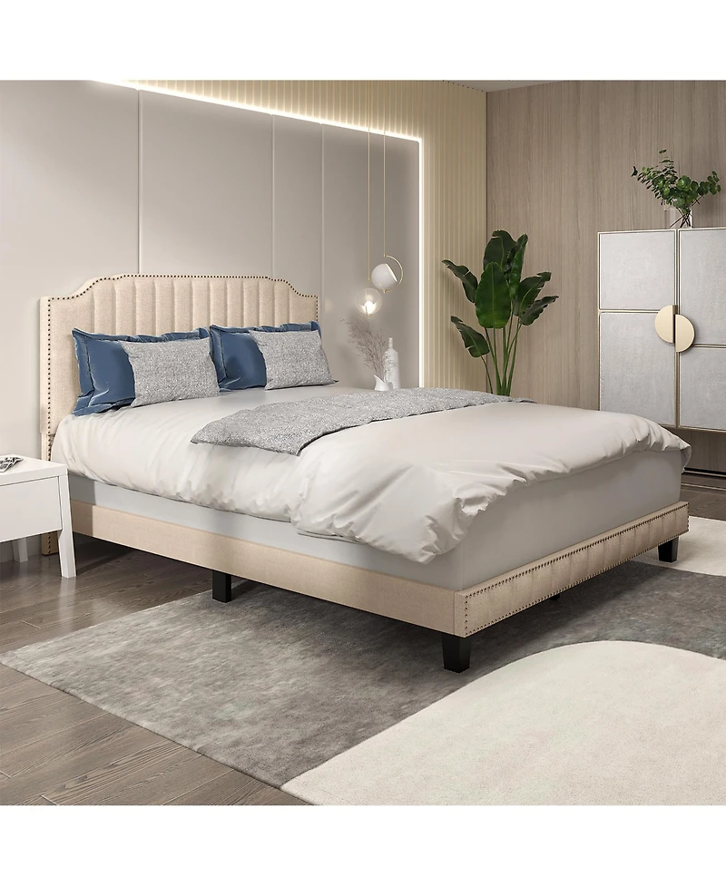 Gymax Queen Upholstered Bed Frame with linen fabric vertical lines Rivets headboard