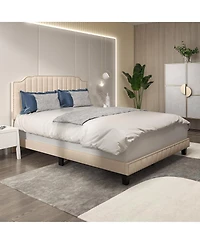 Gymax Queen Upholstered Bed Frame with linen fabric vertical lines Rivets headboard
