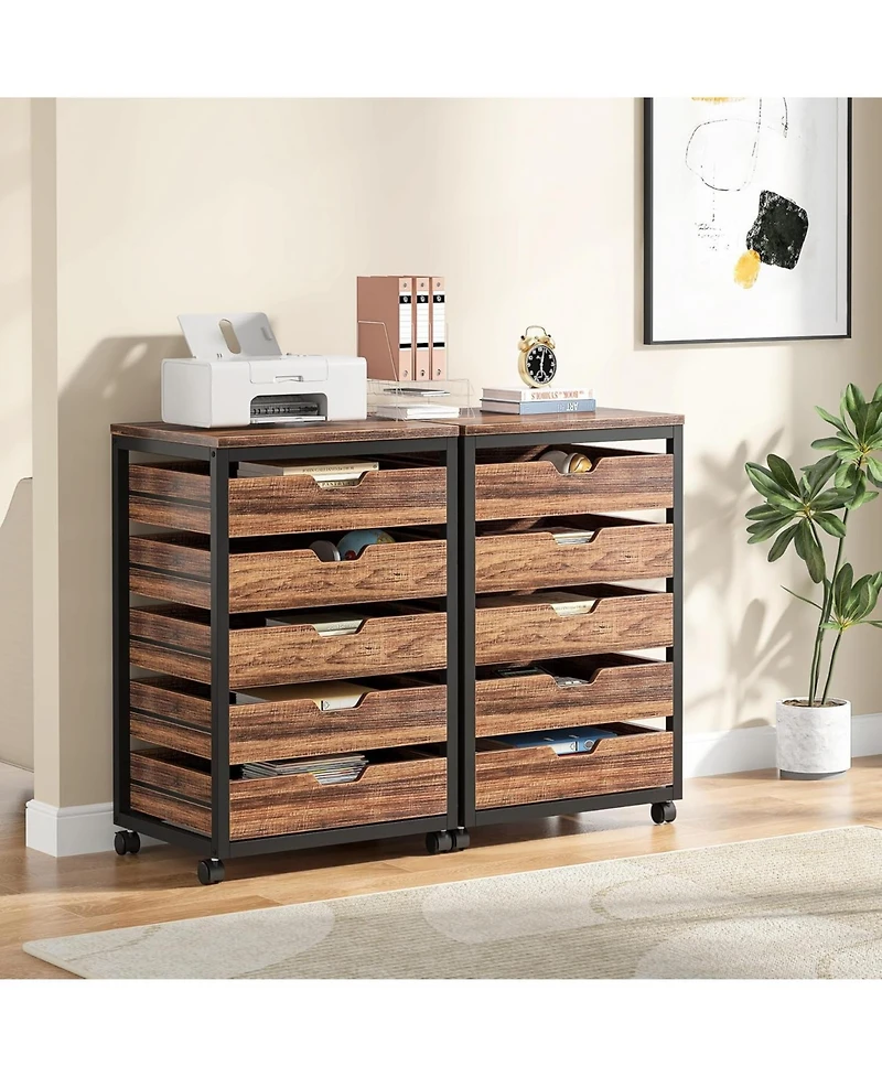 Tribesigns 5 Drawer Chest, Wood Storage Dresser Cabinet with Wheels, Industrial Storage Drawer Organizer Cart for Office Bedroom Entryway