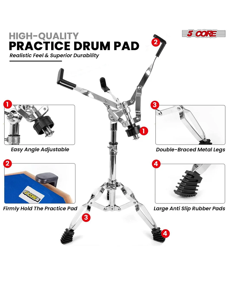 5 Core Drum Practice Pad Set 12" Adjustable Snare Drumming Stand Double Sided Silent Drummer Kit