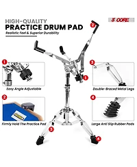 5 Core Drum Practice Pad Set 12" Adjustable Snare Drumming Stand Double Sided Silent Drummer Kit