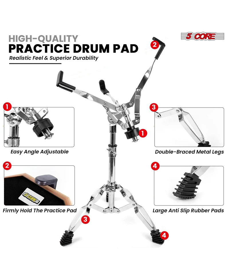 5 Core Drum Practice Pad Set 12" Adjustable Snare Drumming Stand Double Sided Silent Drummer Kit