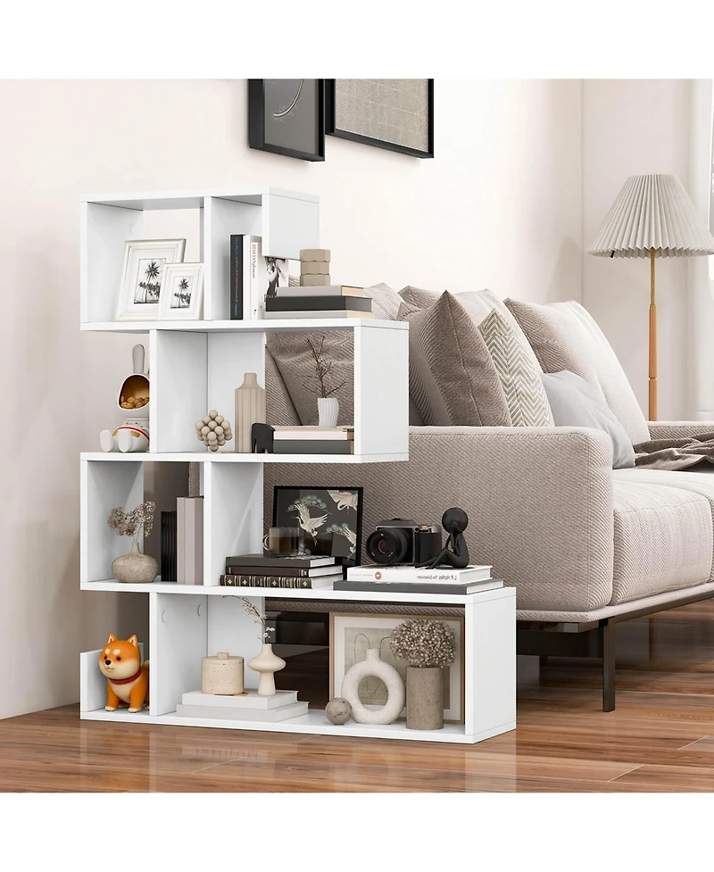 2 Pcs S-shaped Bookshelf Freestanding Stepped Etagere Bookcase with Anti-tipping Kits